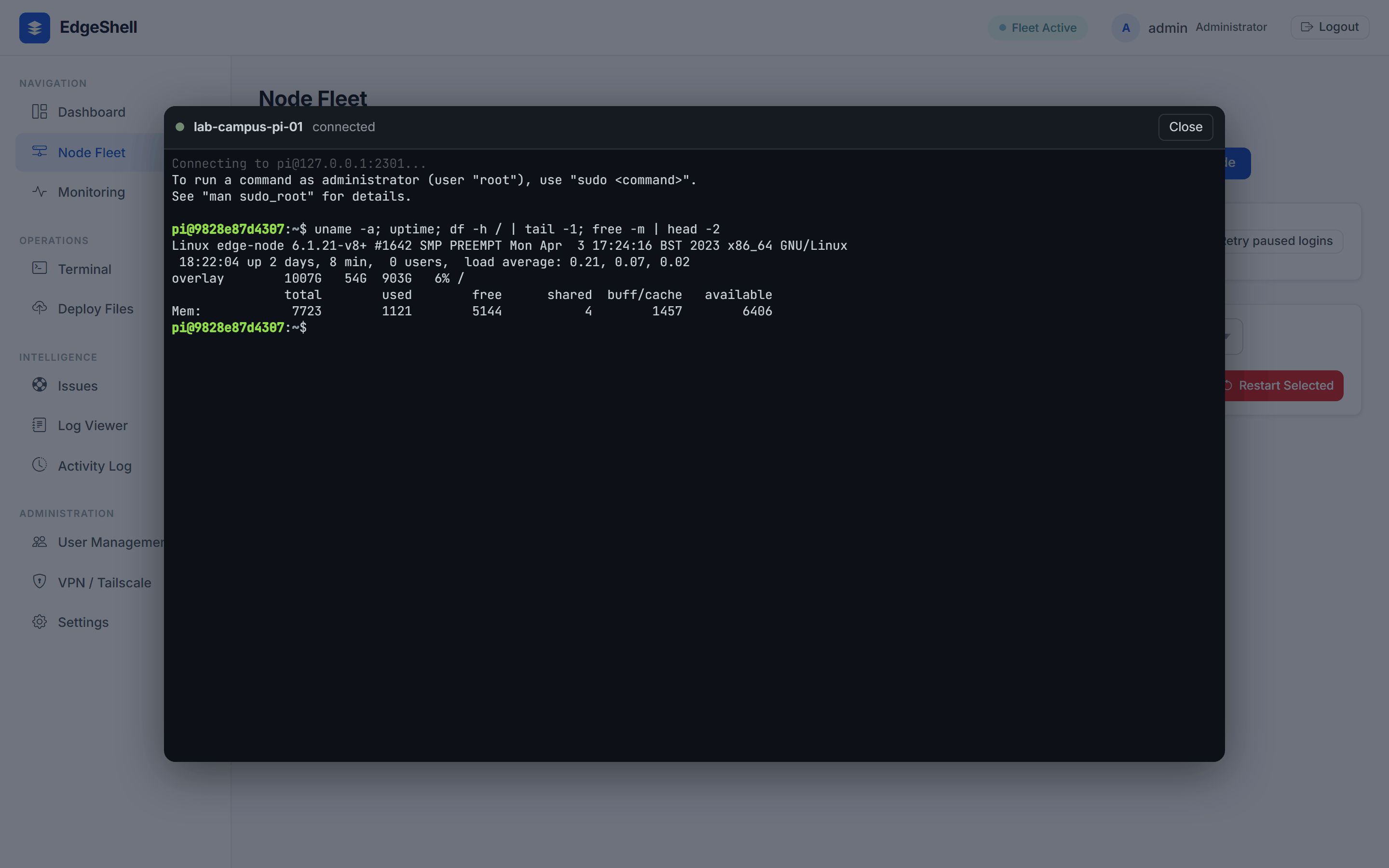 Interactive SSH terminal window opened from a node card, running commands on a real PTY