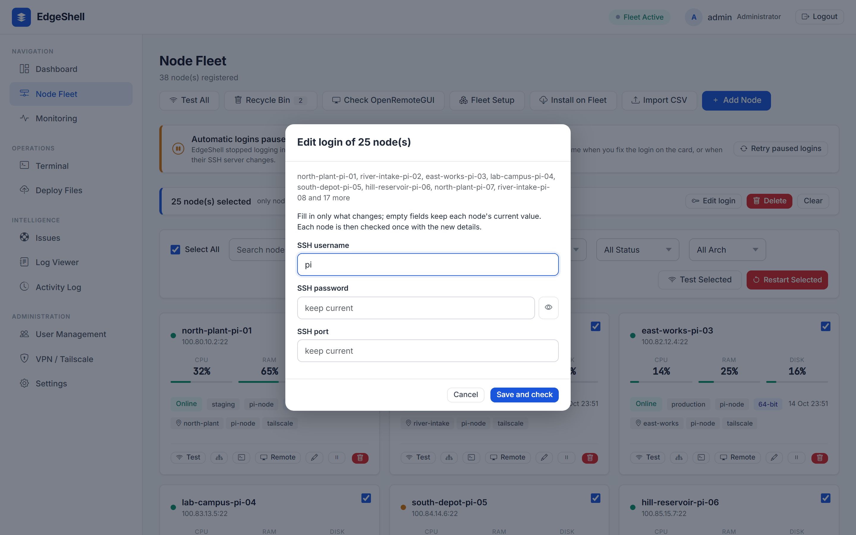 Bulk login update dialog for 25 selected nodes