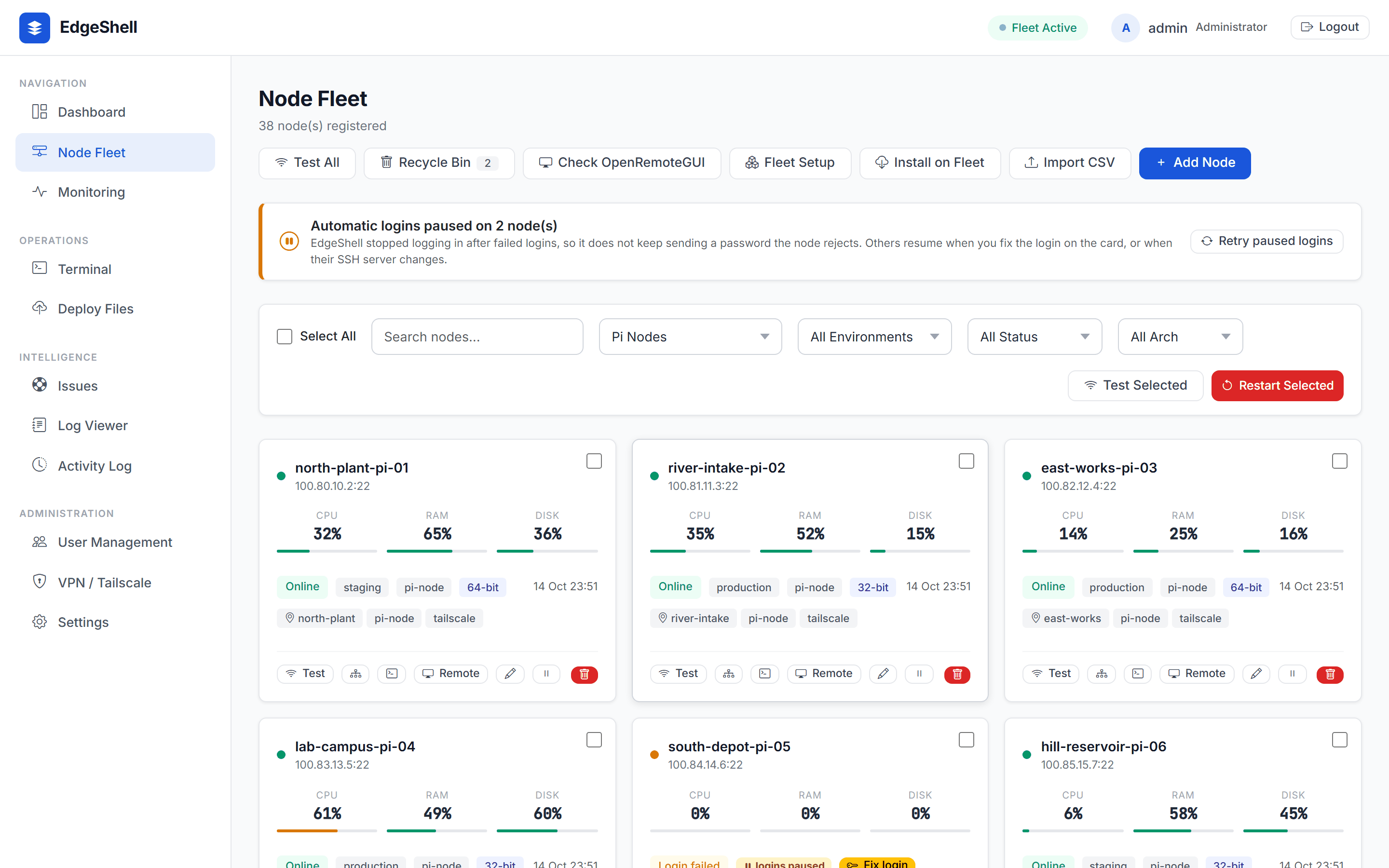 Node Fleet cards with live metrics, category filter and the paused-logins notice