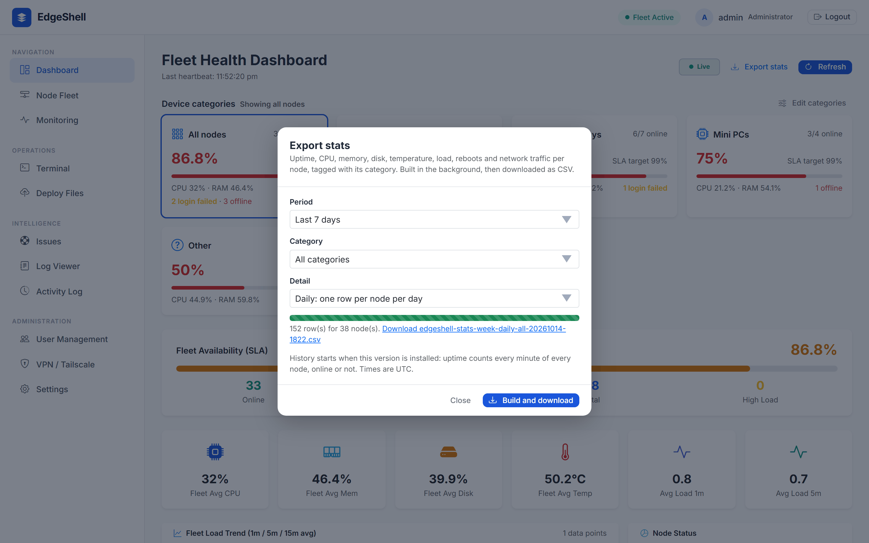 Stats export dialog with period, category and detail, progress bar complete