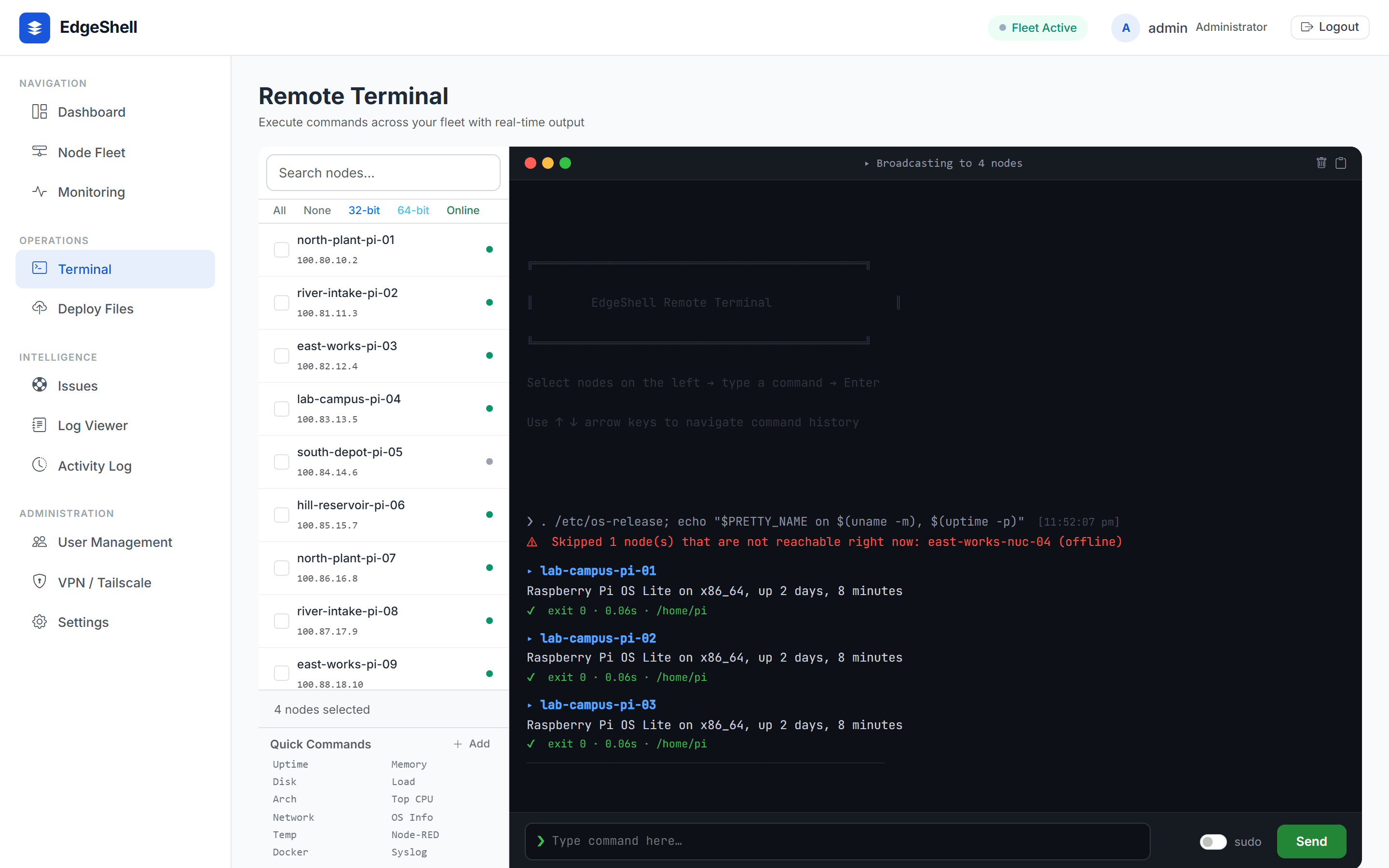 Fleet terminal broadcasting a command to several nodes, skipping an offline node
