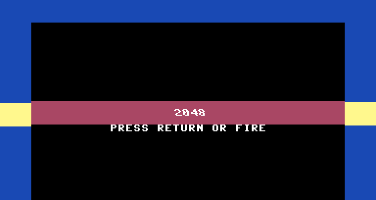 The 2048 title screen on a Commodore 64: a magenta band across the border, PRESS RETURN OR FIRE