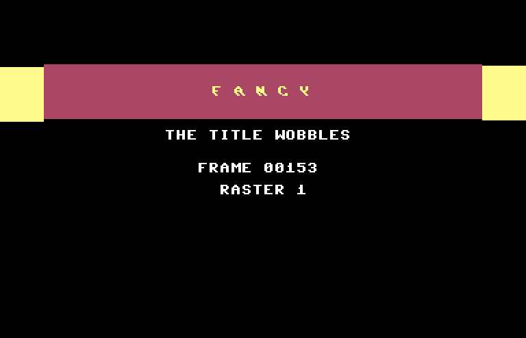 FANCY: a wobbling title between two colour bands on a Commodore 64, with a live frame counter
