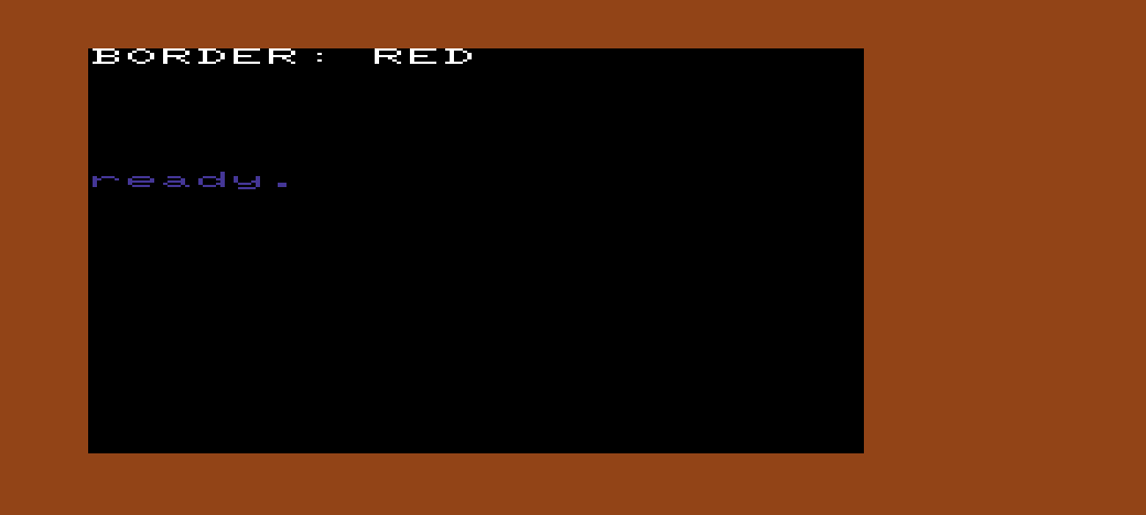 A VIC-20 with a red border and a black screen reading BORDER: RED