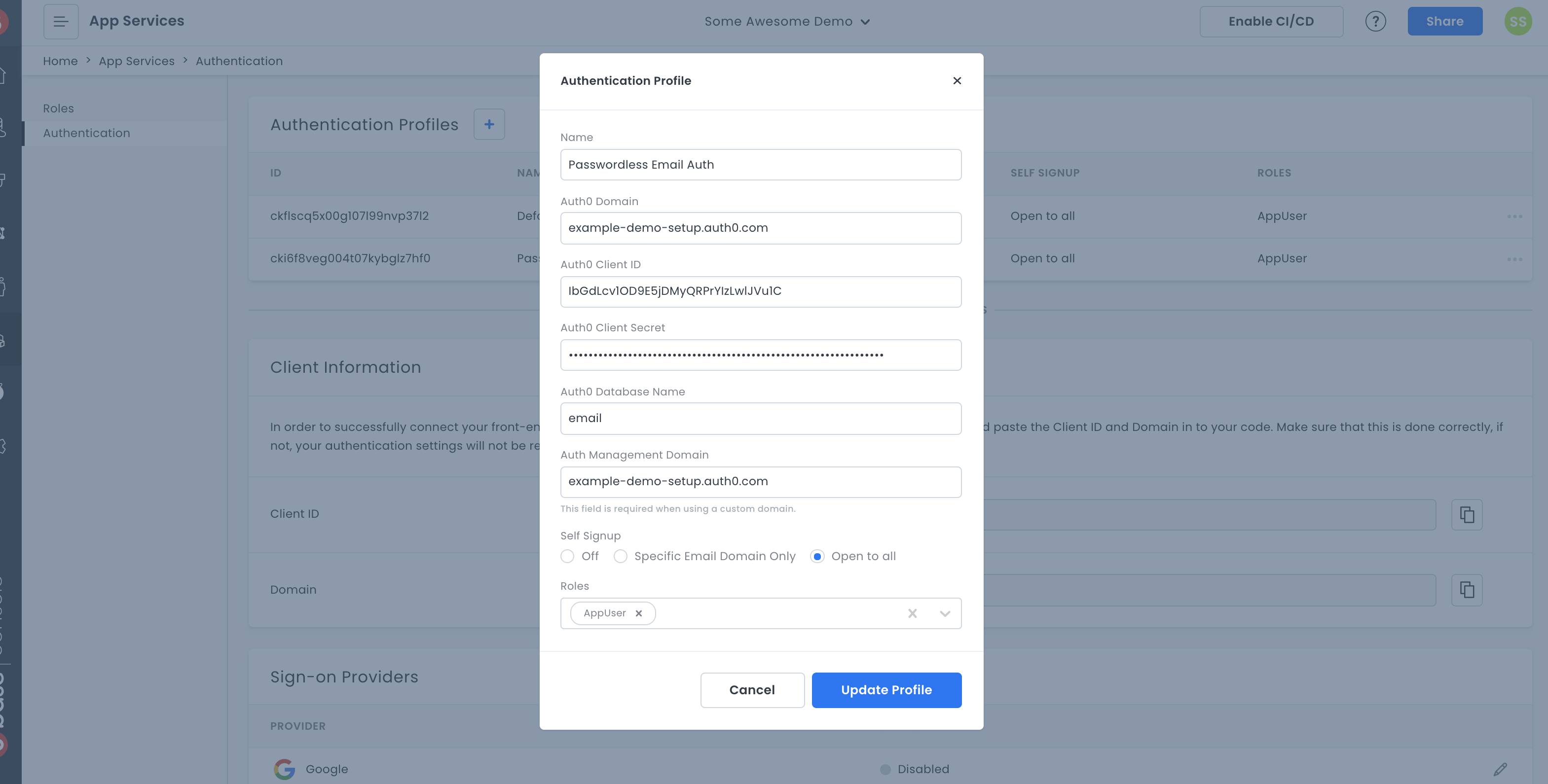 Creating authentication profile in 8base