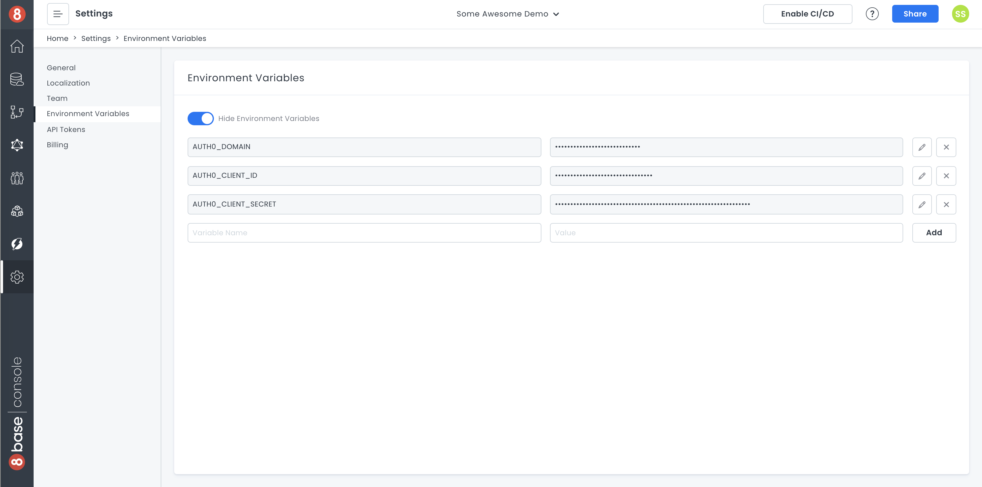 Setting environment variables in 8base