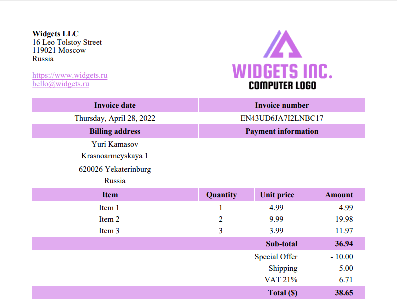 invoice demo screenshot