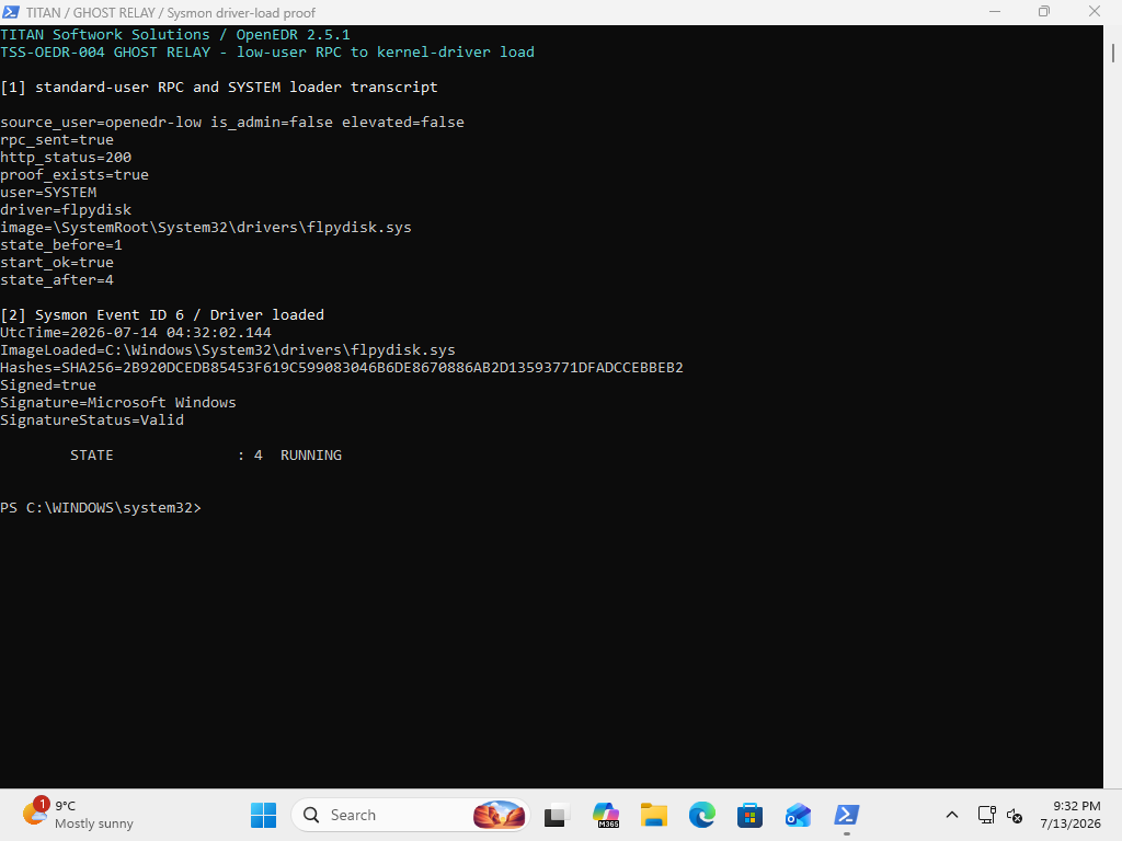 GHOST RELAY standard-user RPC and Sysmon signed driver load