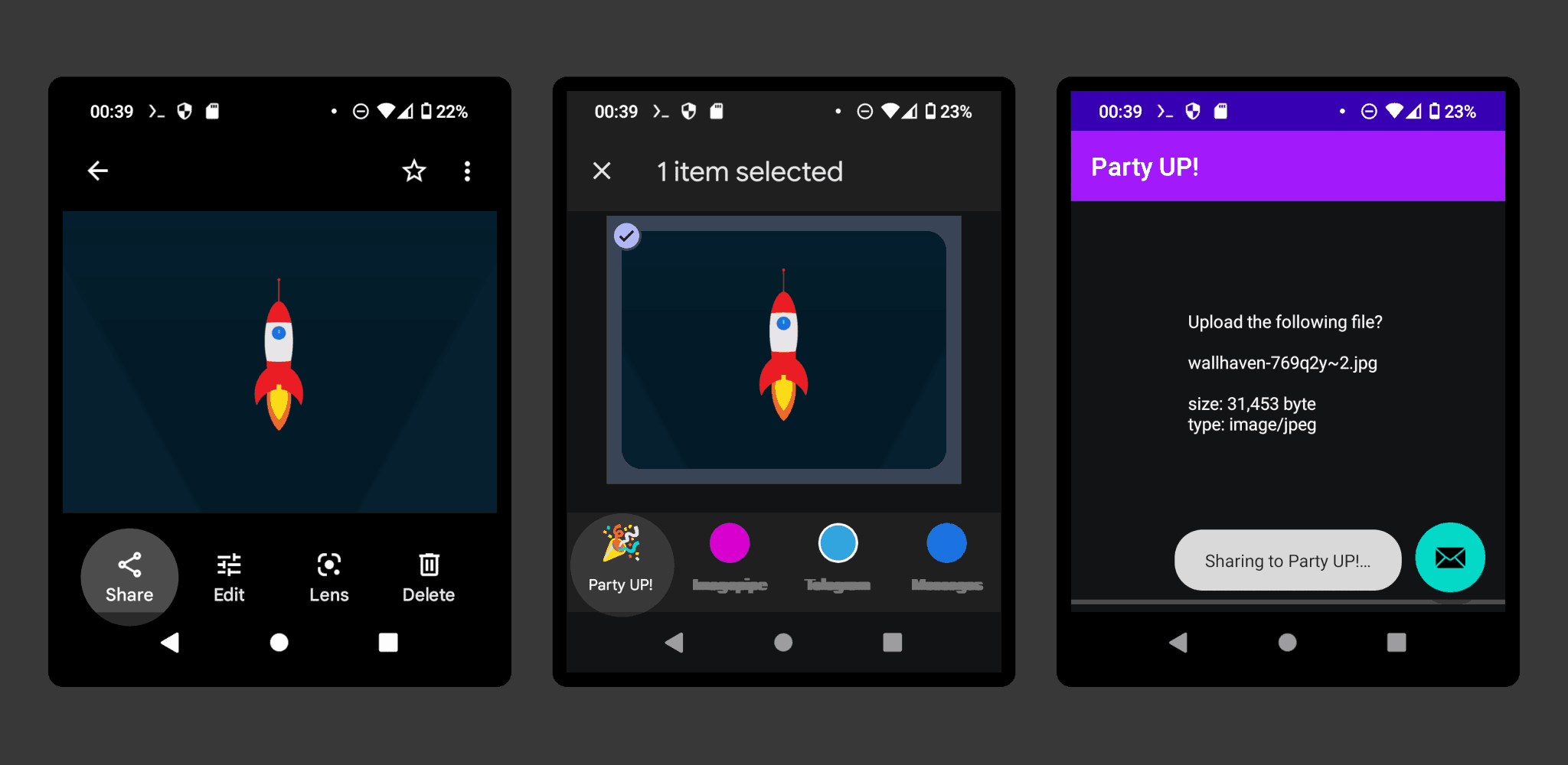 screenshots showing the workflow of sharing a picture to this app