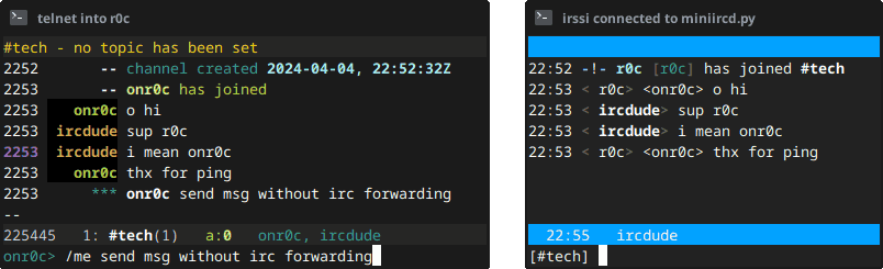 screenshot of a r0c channel being bridged to an irc channel