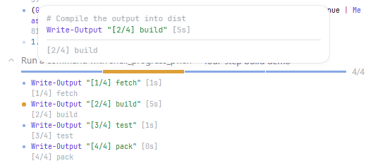 The card a segment opens on hover: a line of prose above the command, then that step's output and time