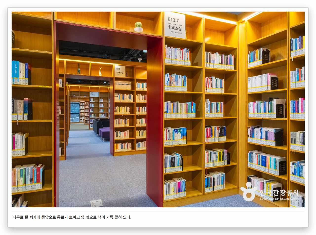나무로 된 서가에 중앙으로 통로가 보이고 양 옆으로 책이 가득 꽂혀 있다.