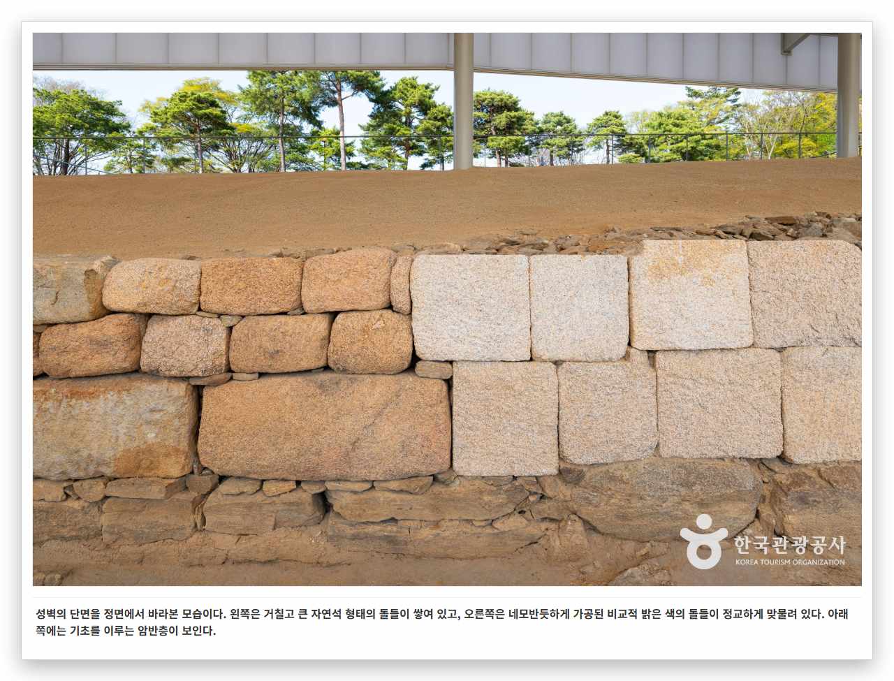 성벽의 단면을 정면에서 바라본 모습이다. 왼쪽은 거칠고 큰 자연석 형태의 돌들이 쌓여 있고, 오른쪽은 네모반듯하게 가공된 비교적 밝은 색의 돌들이 정교하게 맞물려 있다. 아래쪽에는 기초를 이루는 암반층이 보인다.