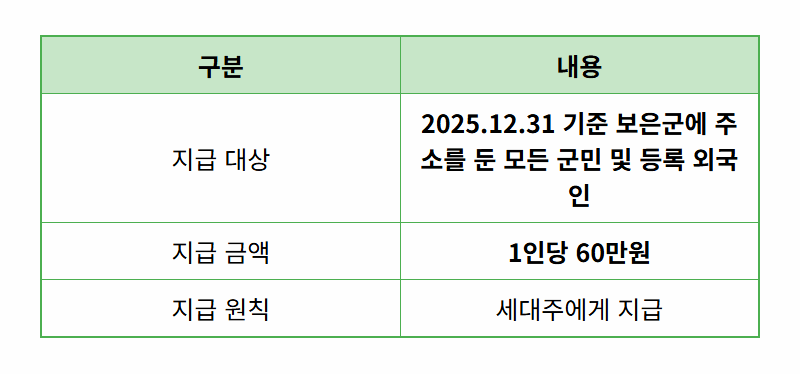 보은군 지원금 60만원 확정! 1인당 60만원, 신청 시기와 방법 총정리 - 상세 표