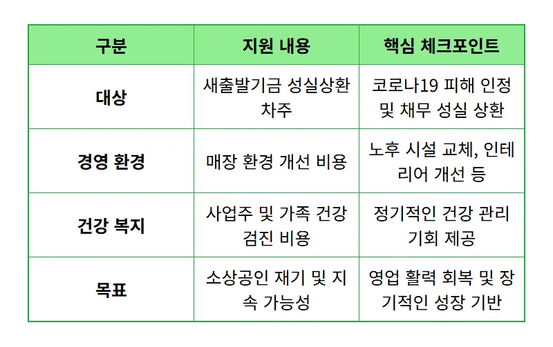 새출발기금 성실상환 소상공인, 매장 환경 개선 및 건강검진 지원 혜택 5가지 핵심 정리! - 상세 표
