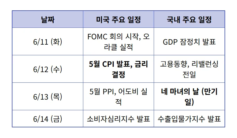 6월 2주차 증시 일정, 미국 CPI와 FOMC 금리 결정 대응 전략 꿀팁 - 상세 표