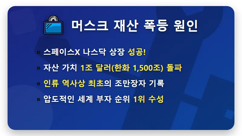 일론 머스크 재산 1조 달러 돌파! 스페이스X 상장 후 세계 부자 순위 1위의 현실 체감 - 핵심 요약