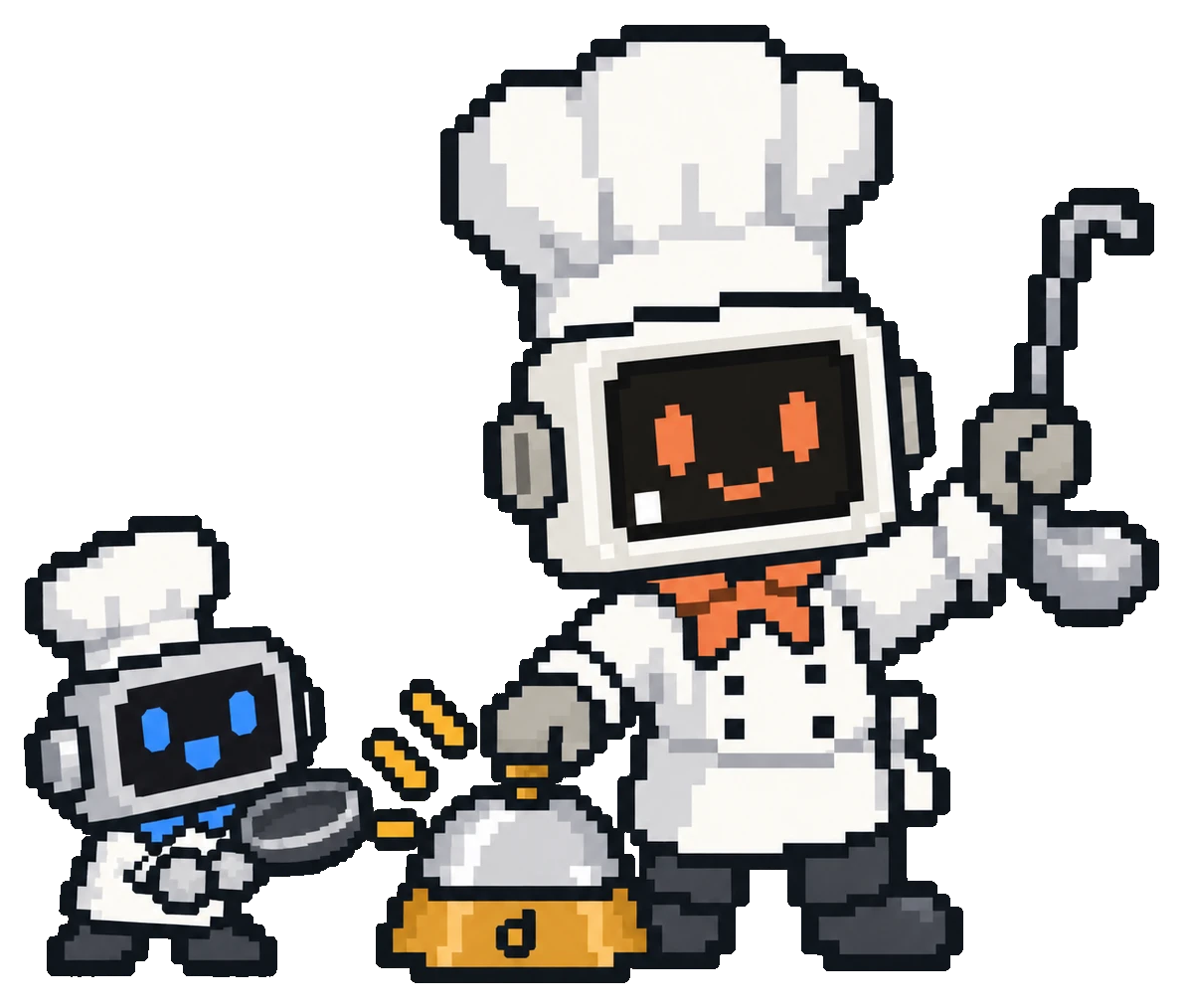Two pixel-art robot chefs: the big one rings a service bell, the small one answers with a pan