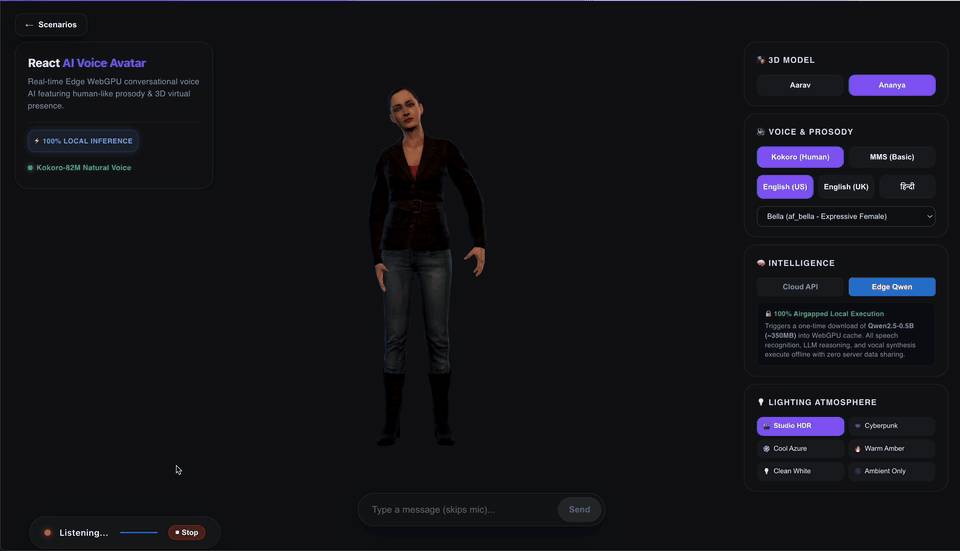 Talking to the avatar: it answers with captions and gestures, is interrupted mid-answer, stops and answers the new question