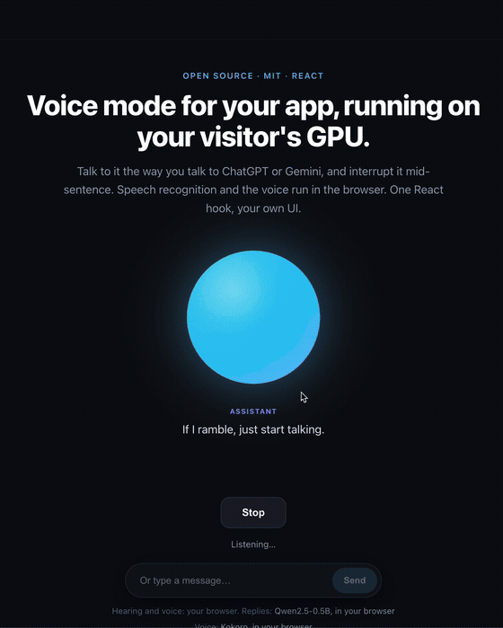 Voice mode with no avatar: an orb that pulses with the voice, live captions, and a reply interrupted mid-answer by a new question