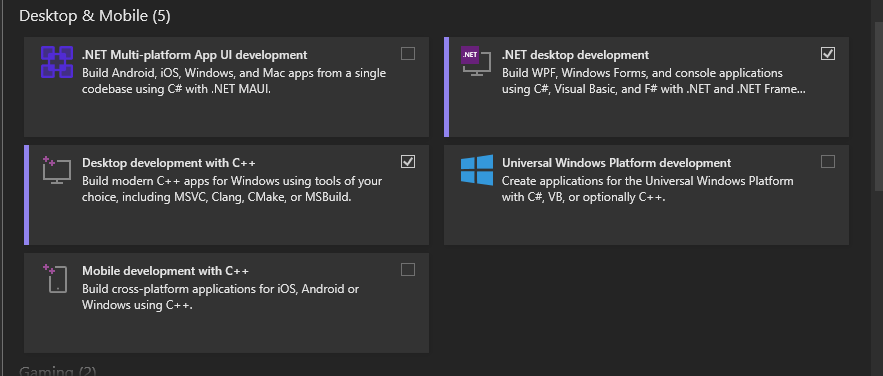 Visual Studio Installer Options