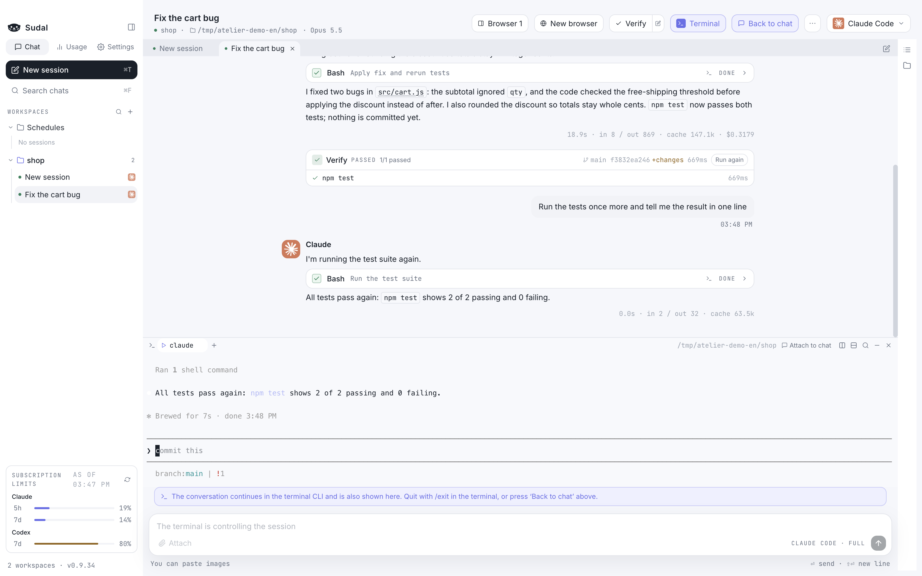 A conversation held in the Claude CLI in the terminal below, also shown as-is in the chat above