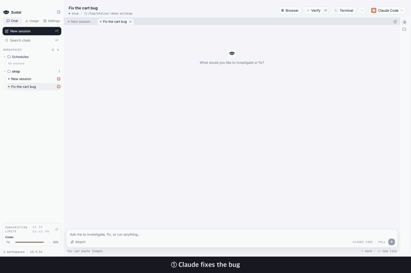 After Claude makes a fix, clicking Cross-review has a Codex review tab review the changes, and the result returns to the original tab as a card