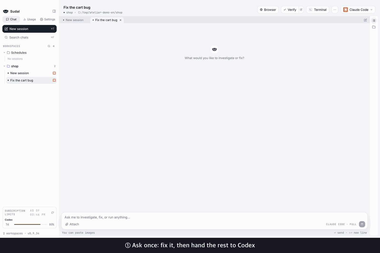 Claude fixes a bug, then uses the sudal CLI to open a Codex tab and hand off the remaining fix and a new test; when Codex finishes, Claude collects the result, tests it, and wraps up