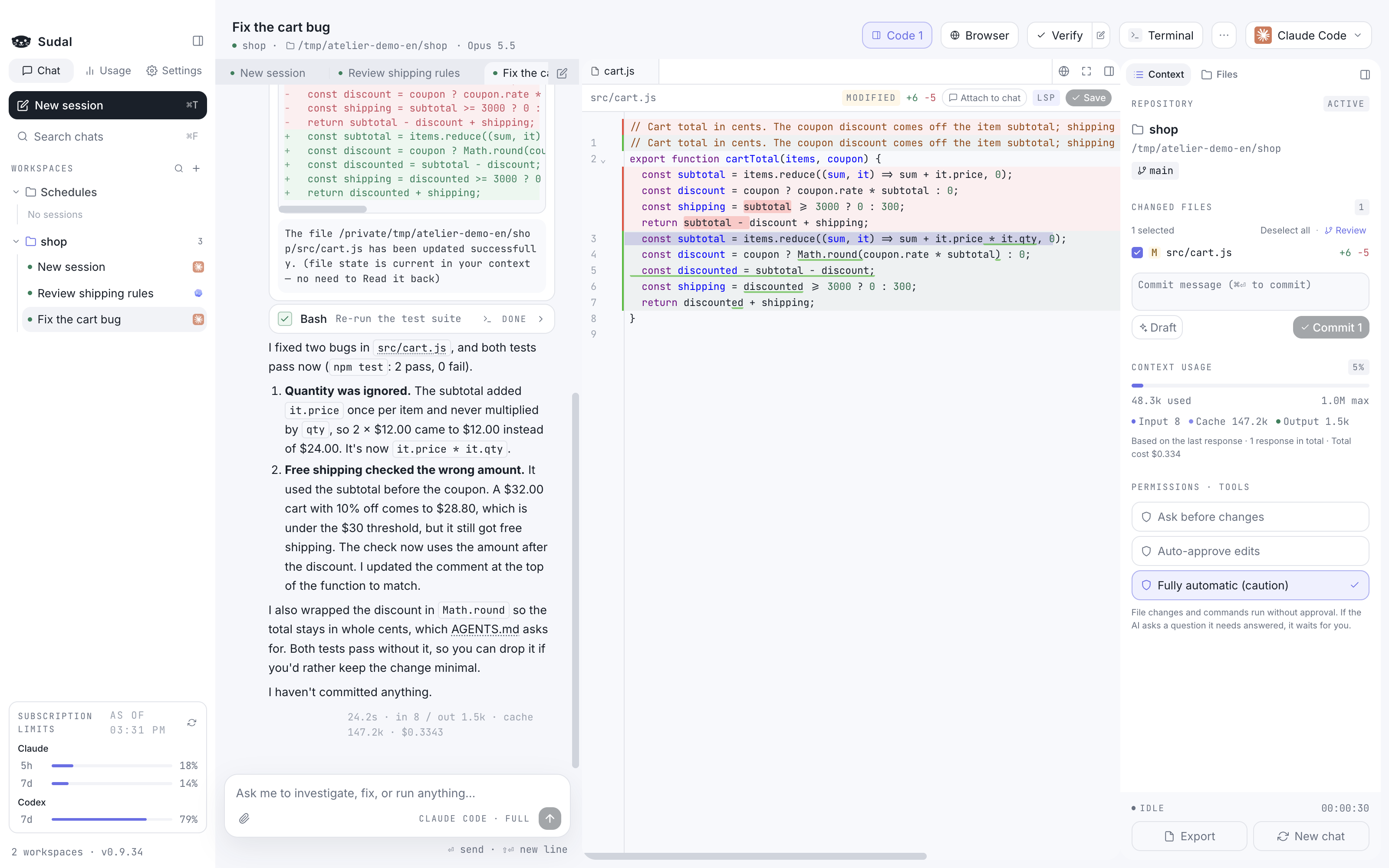 src/cart.js, fixed by Claude, open in the editor with the changed lines marked