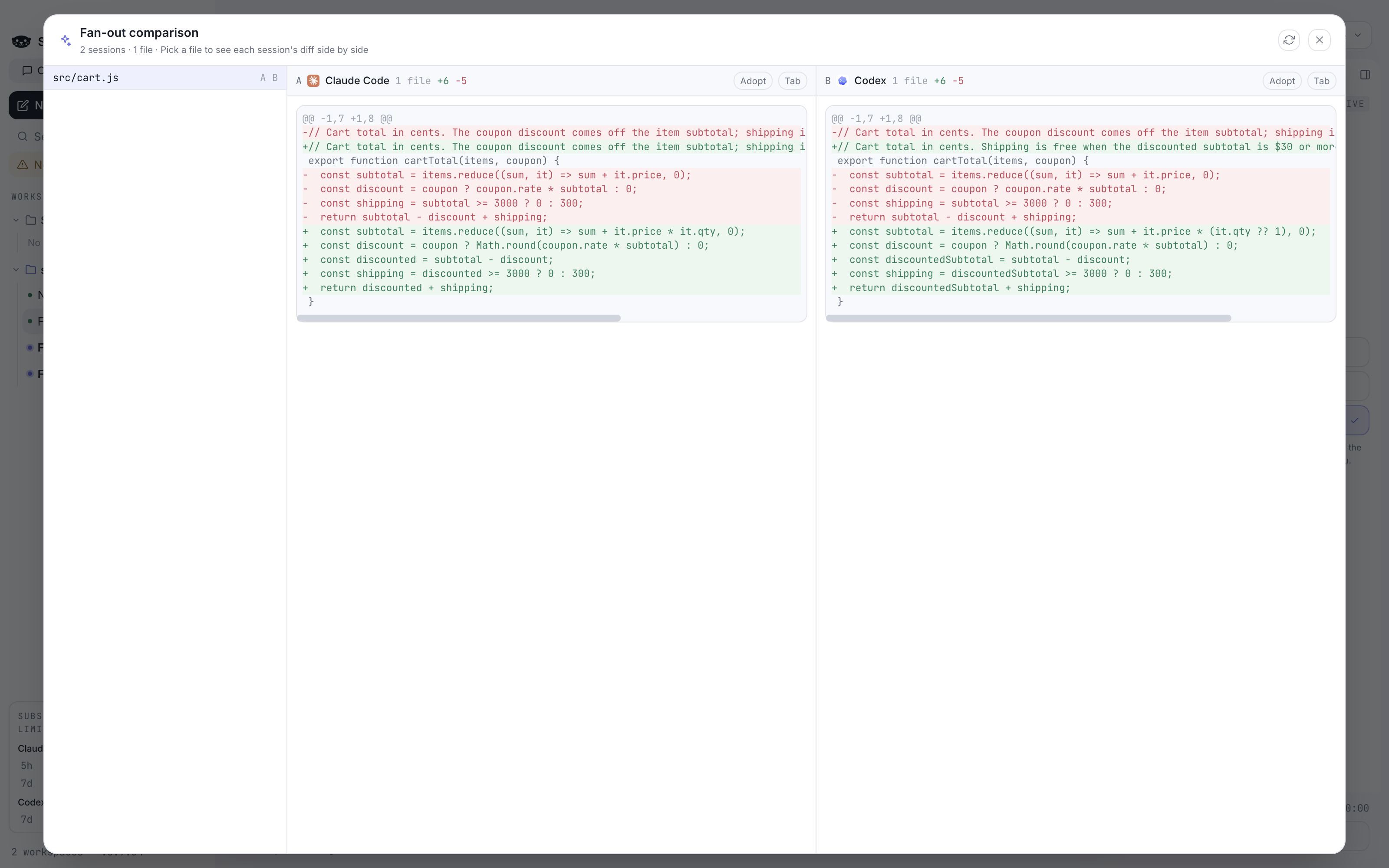 Claude Code and Codex diffs for the same bug-fix request, side by side