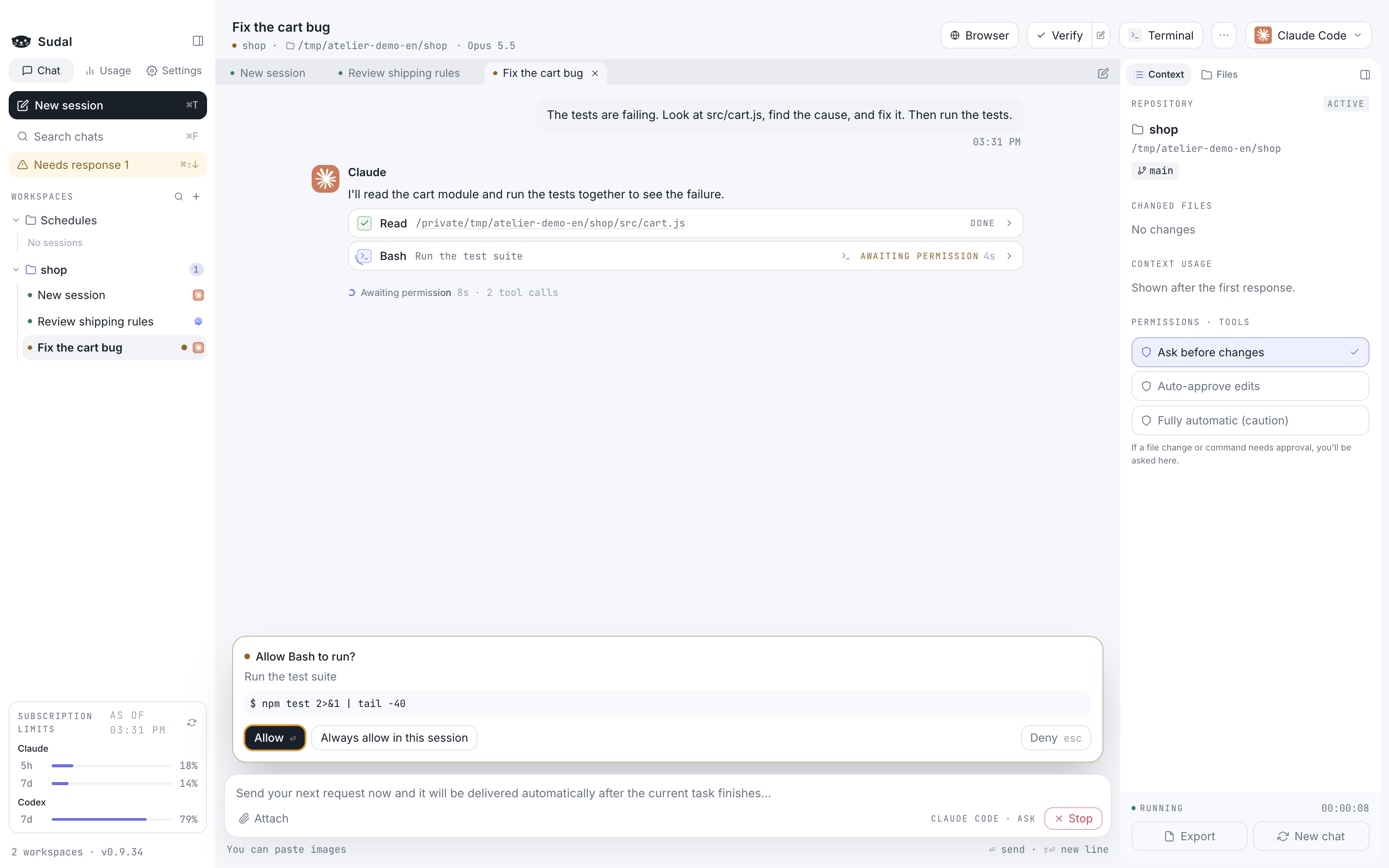 Claude asking for permission to run a command before running tests