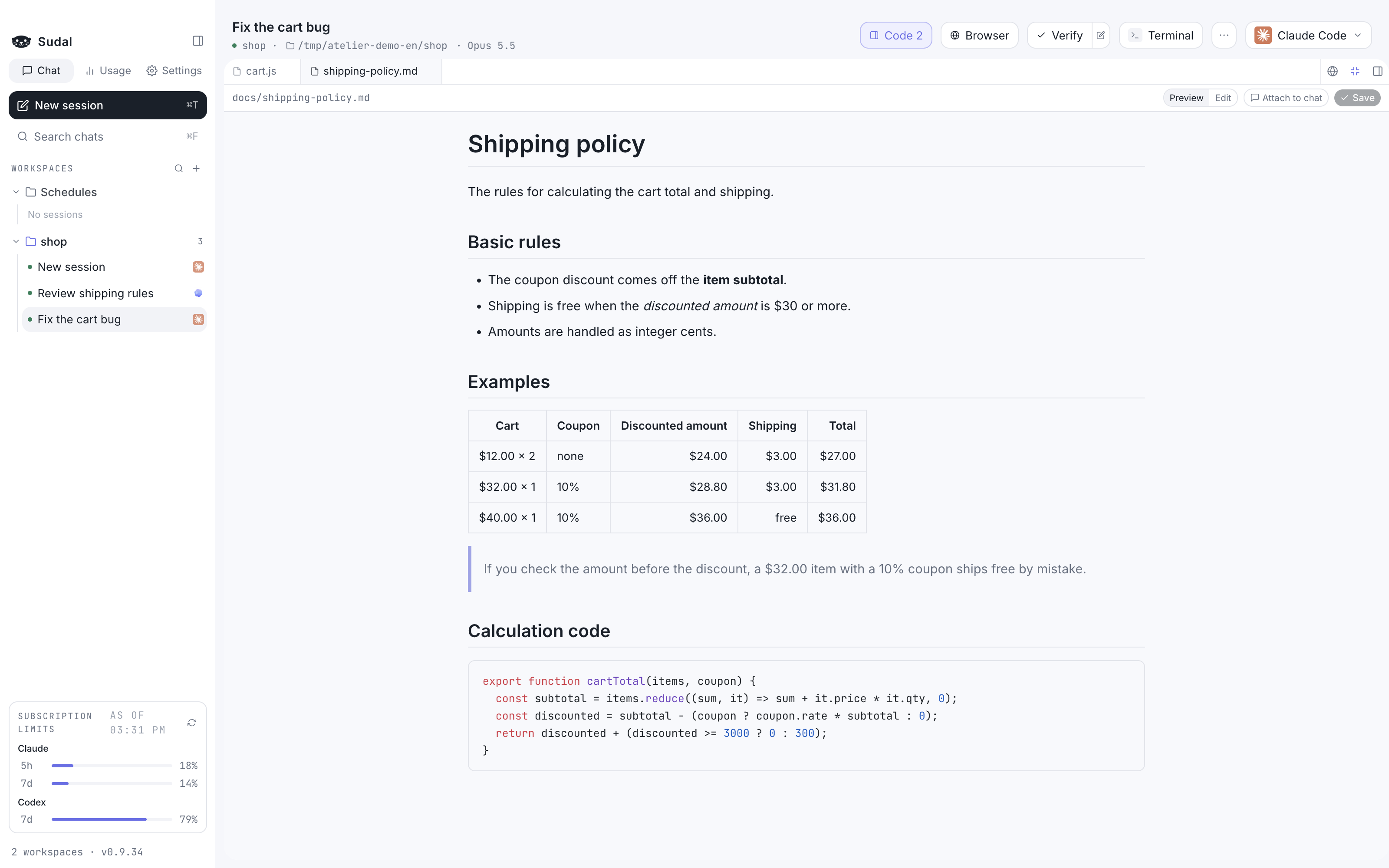A shipping-fee policy Markdown document open as a clean preview, with tables and code blocks rendered