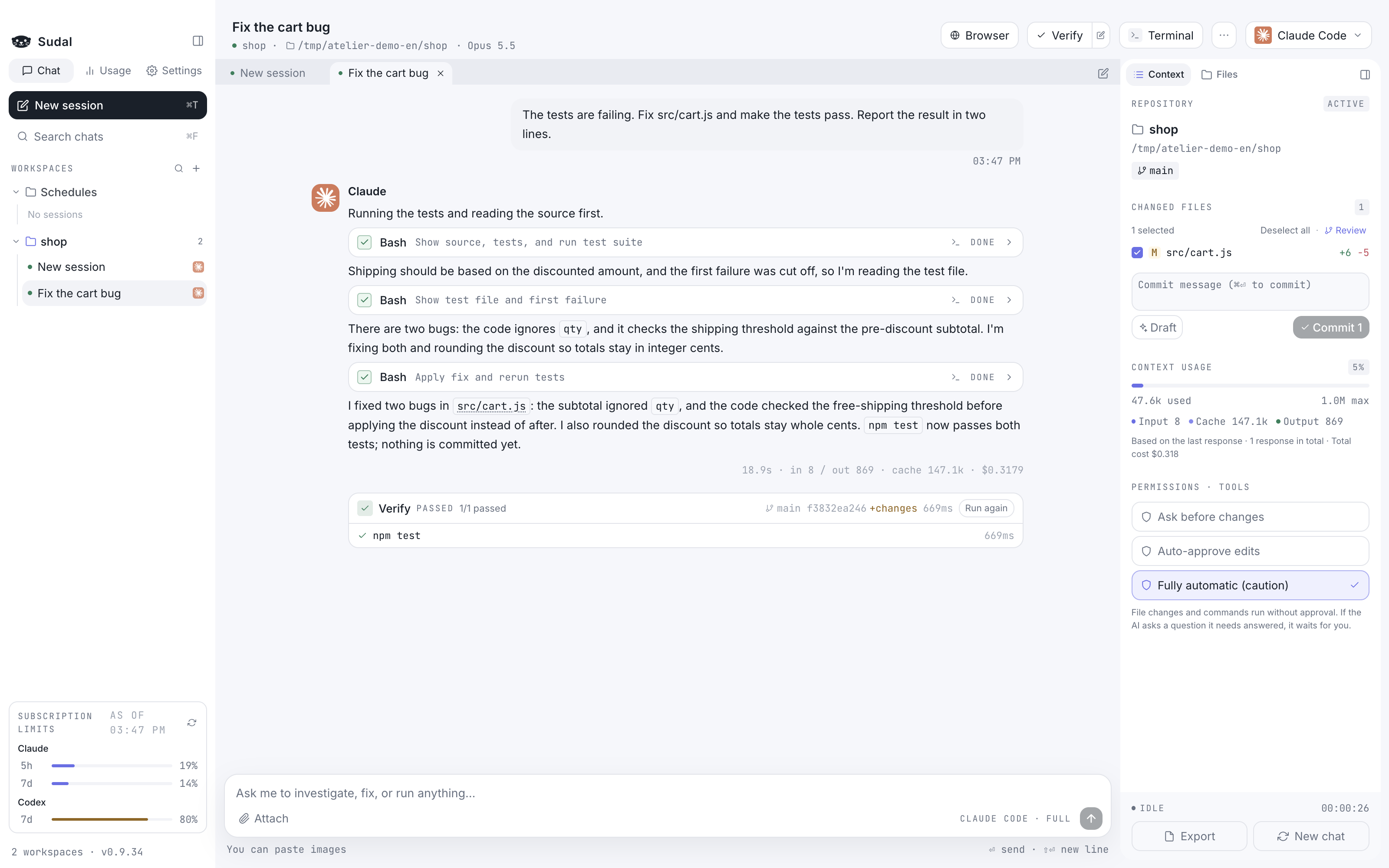 A passed-verification card in the chat, with changed files and a commit button in the right panel