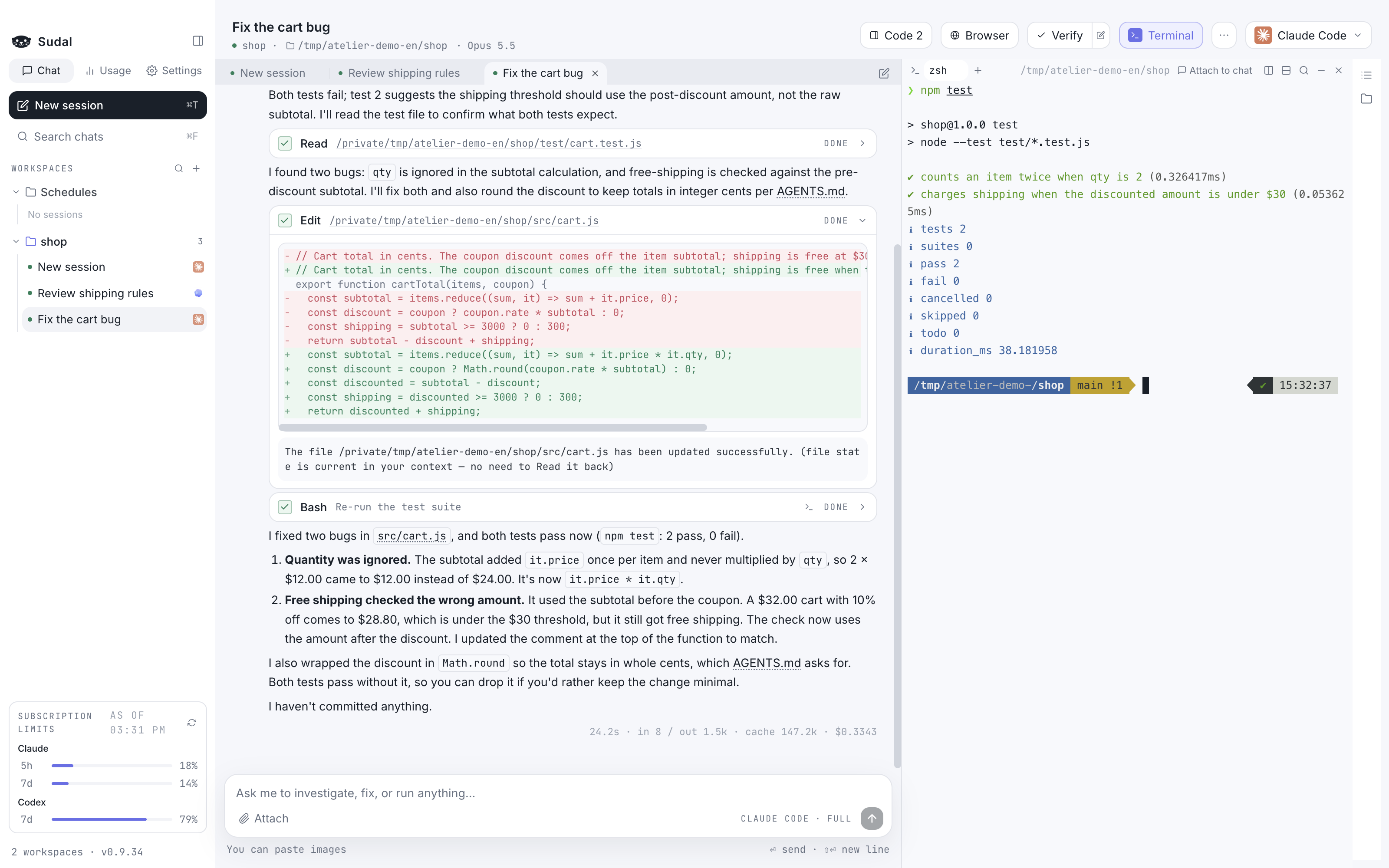 The chat showing a diff fixed by Claude, and the terminal on the right showing passing tests