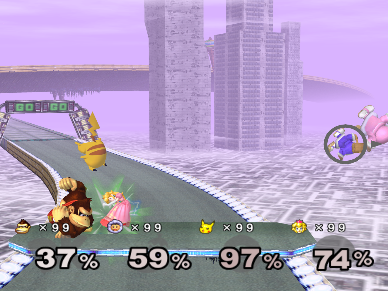 Super Smash Bros. Melee executado nativamente pelo projeto melee-pc, mostrando uma partida com quatro personagens