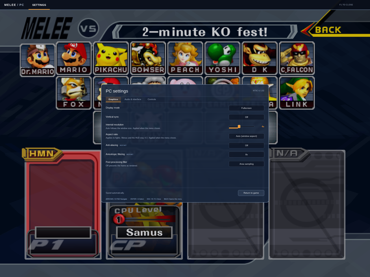 Interface de configurações do melee-pc com opções gráficas e seleção de personagens de Super Smash Bros. Melee ao fundo