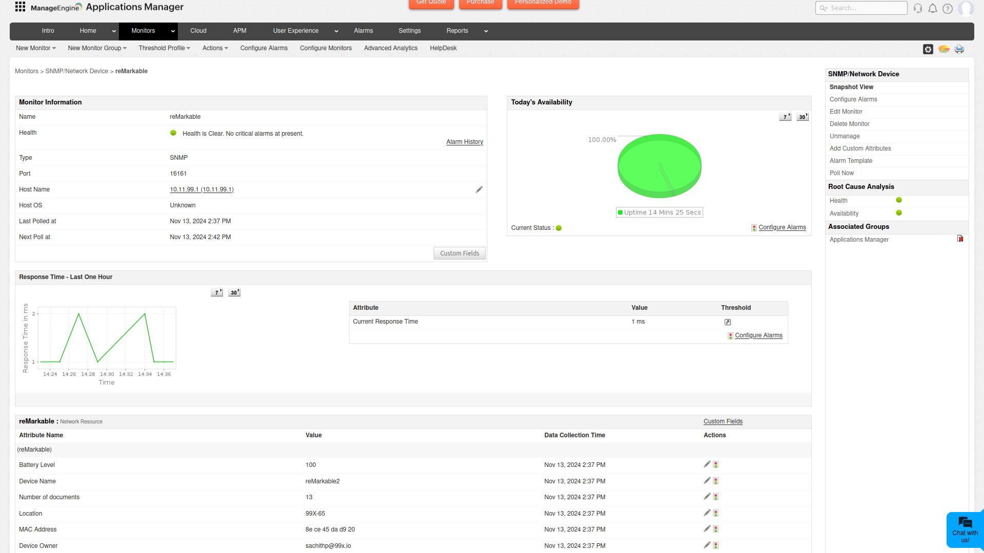 reMarkable2 on ManageEngine monitoring dashboard