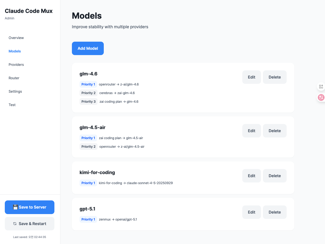 Model configuration with priority-based fallback routing