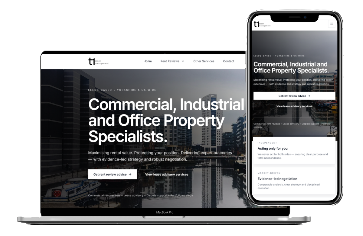 T1 Asset Management website on desktop and mobile