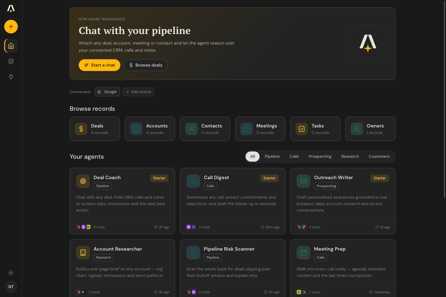 Home: agents over your live CRM, calls and notes