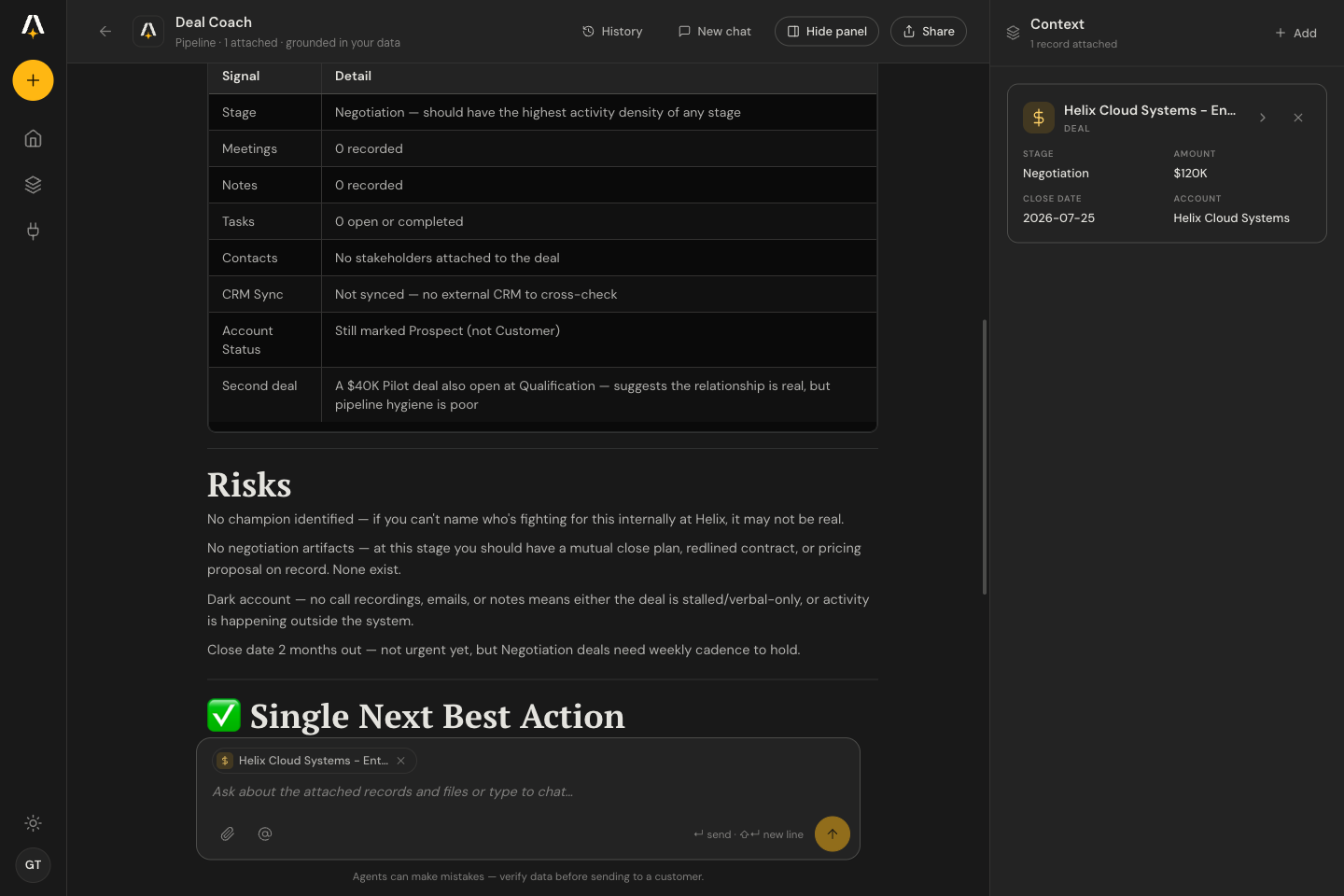 Chat grounded in a deal: risks, signals and the next best action