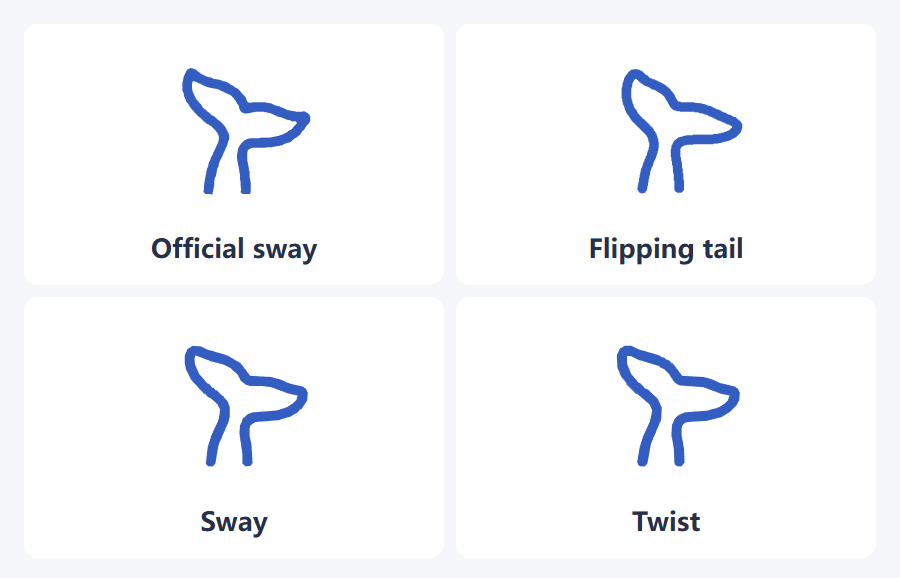 Official sway, flipping tail, sway and twist rendered by the plugin in a two-by-two animation comparison.
