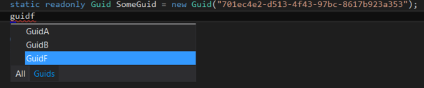 A screenshot of C# guid completions