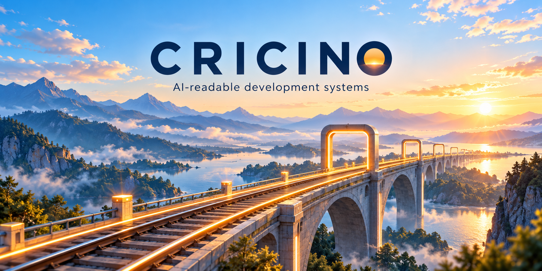 Cricino: AI-readable development systems, illustrated by a sunlit railway crossing a mountain lake through glowing checkpoints