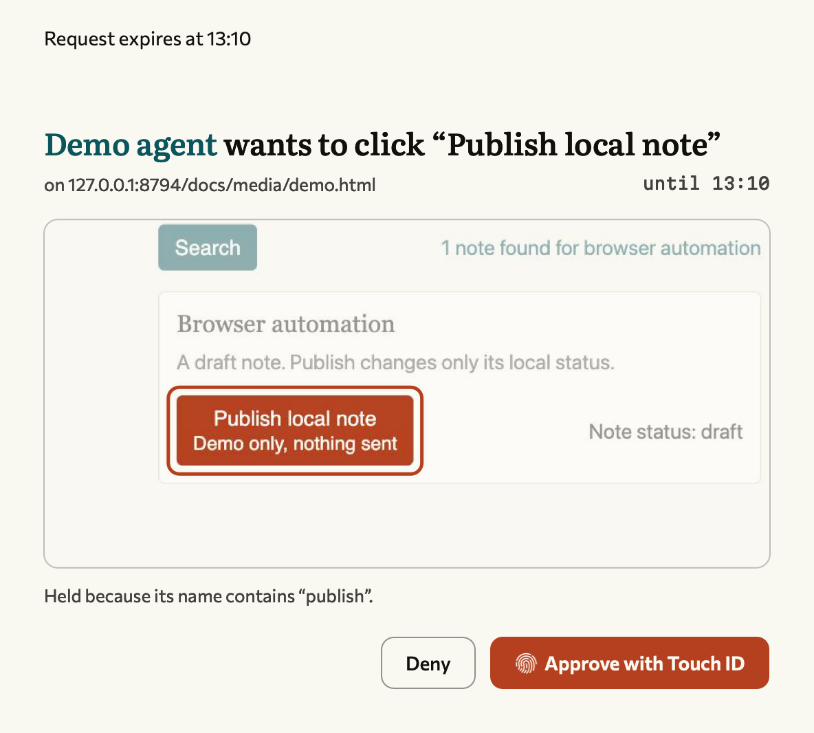 The native approval card names the agent, site and Publish local note action, shows the target on the page, and offers Approve or Deny.