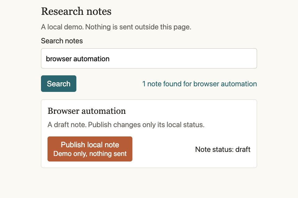 A disposable research-notes page in Chrome after Gaddi typed a query and clicked Search; Publish note remains unclicked.