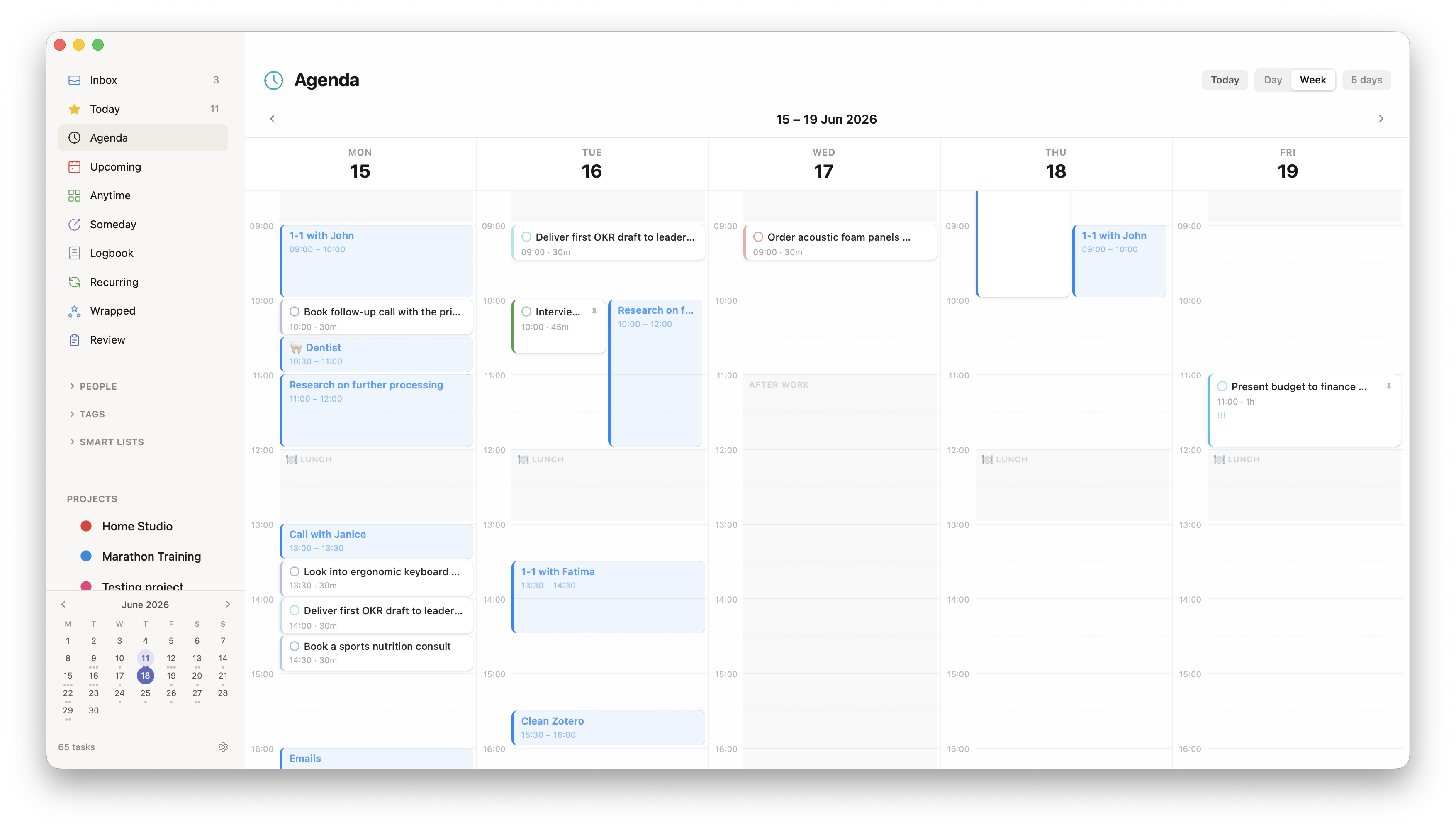 Agenda week view with time blocks, calendar events, and work schedule