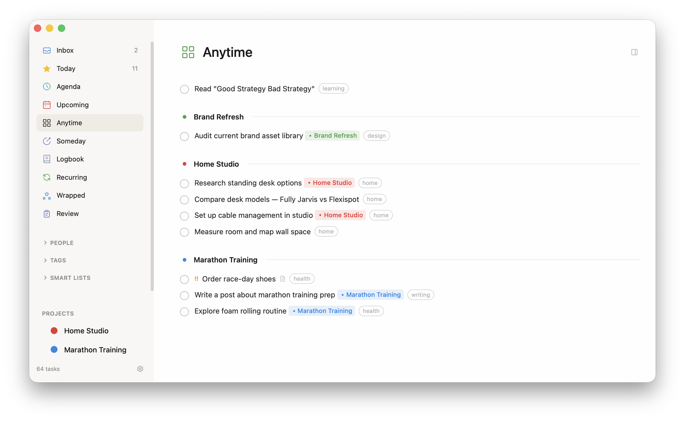 Anytime view with project groups
