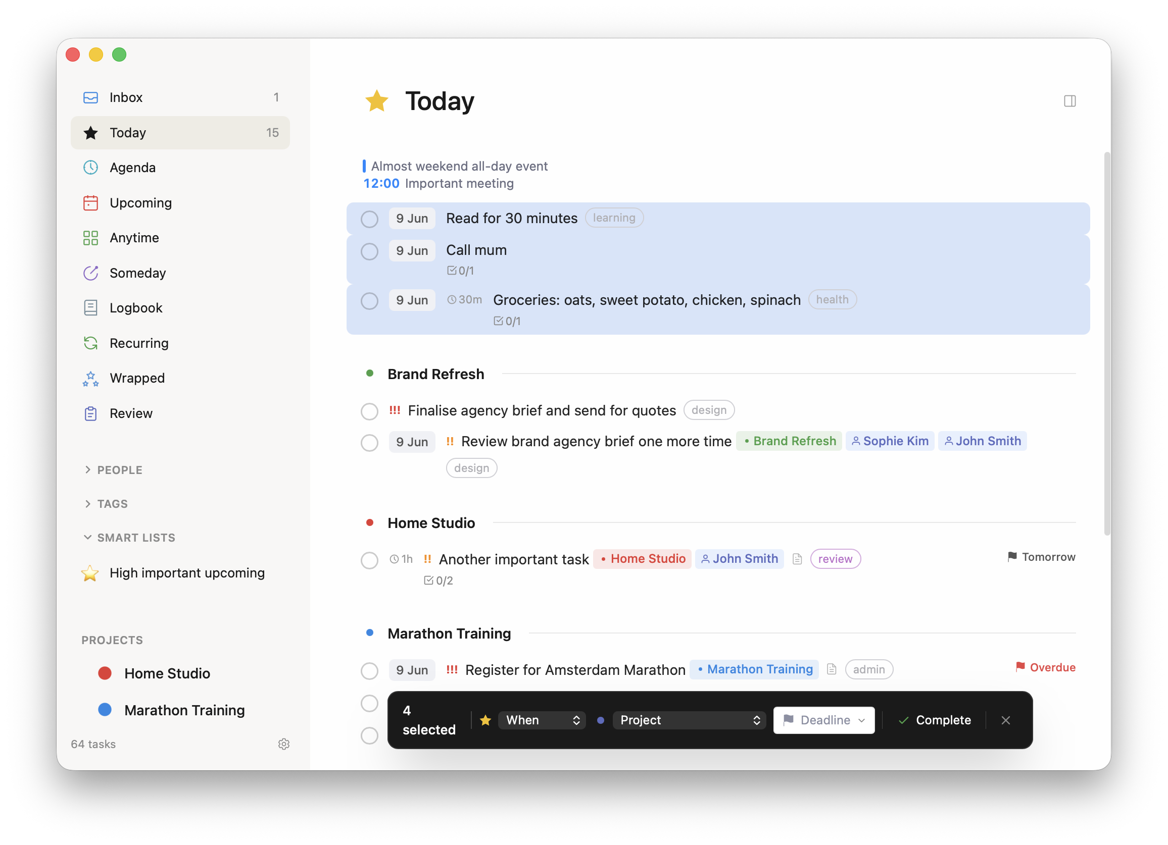 Bulk-action toolbar with multiple tasks selected