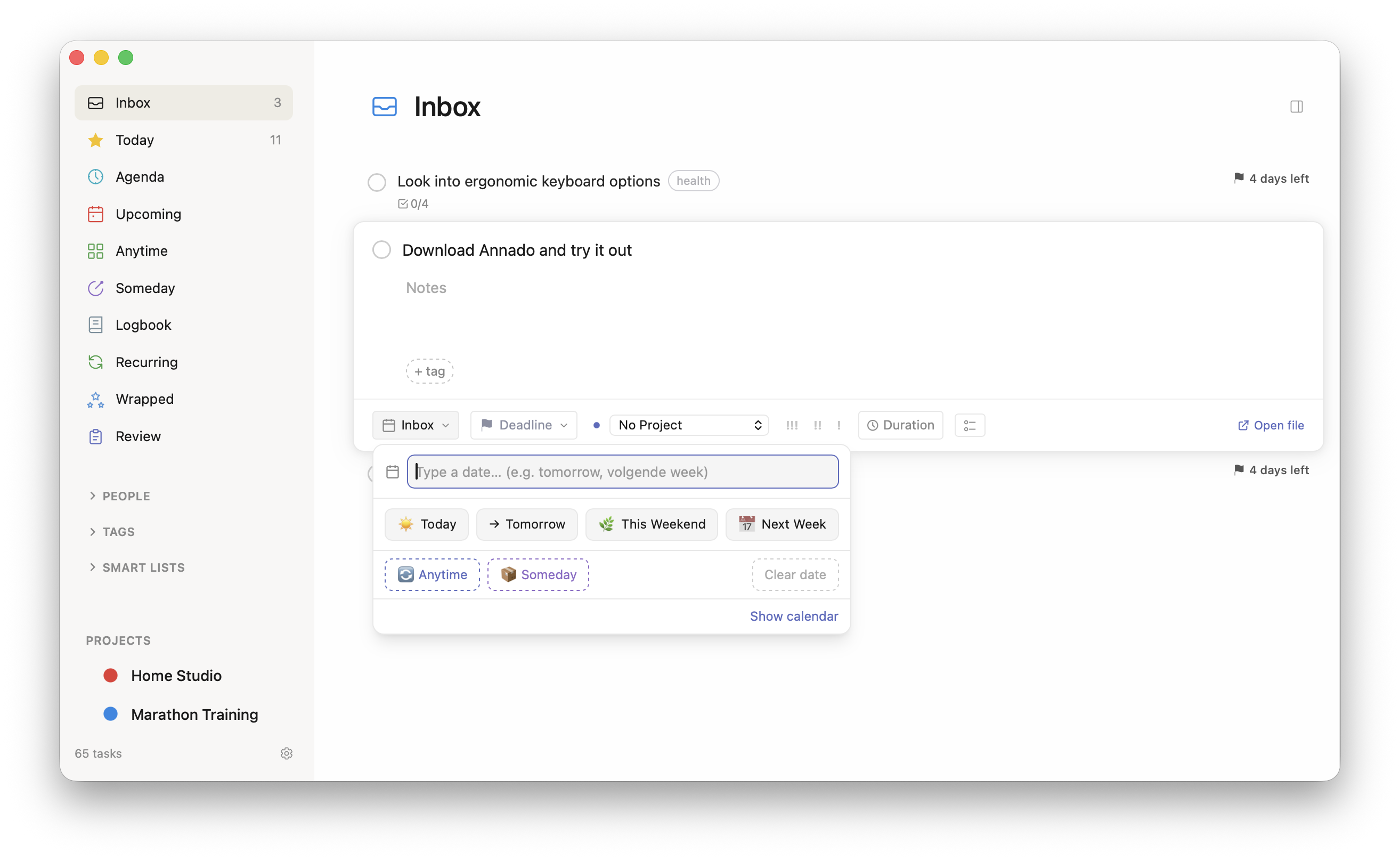 Date picker with quick-select chips and natural language input
